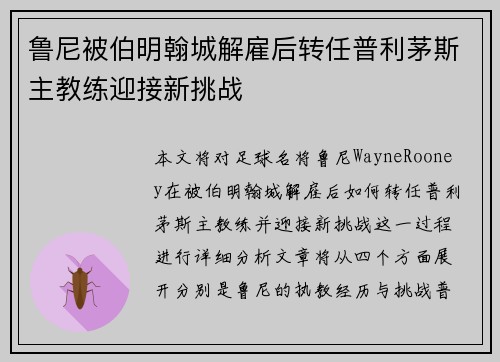 鲁尼被伯明翰城解雇后转任普利茅斯主教练迎接新挑战