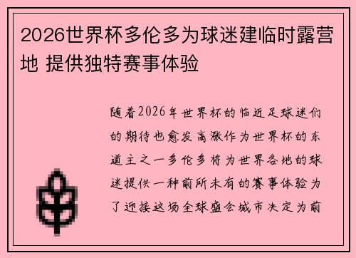 2026世界杯多伦多为球迷建临时露营地 提供独特赛事体验