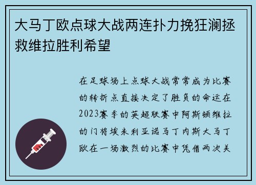 大马丁欧点球大战两连扑力挽狂澜拯救维拉胜利希望
